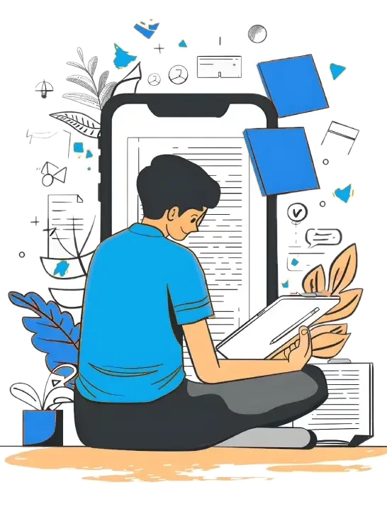Illustration of a writer working on a tablet among pages